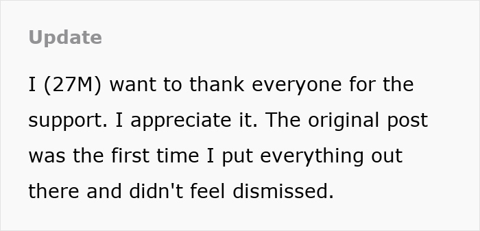Text update from a 27-year-old man expressing gratitude for support after sharing his story about a missing iPad and family tensions.