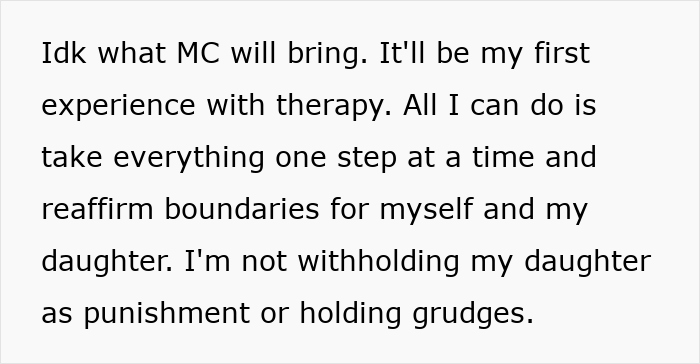 Text about therapy experience, setting boundaries with daughter, and managing feelings without grudges or punishment.