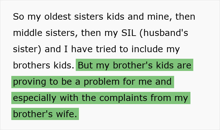 Text discussing issues with brother's kids and complaints from brother's wife about kid outings and family inclusion.