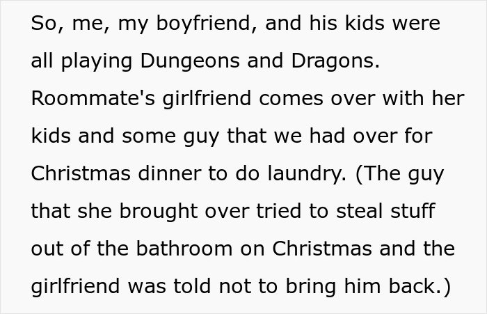 Text excerpt describing a woman dealing with roommate&rsquo;s girlfriend&rsquo;s kids, highlighting babysitting and parenting issues.