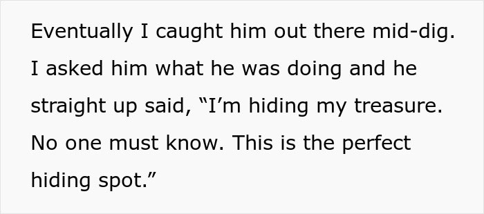 Neighbor child digging in lawn, creating holes and damaging grass while hiding a secret treasure mid-dig.