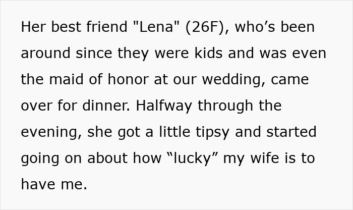 Text excerpt showing a wife&rsquo;s best friend joking about wanting his baby, leading to the man kicking her out.