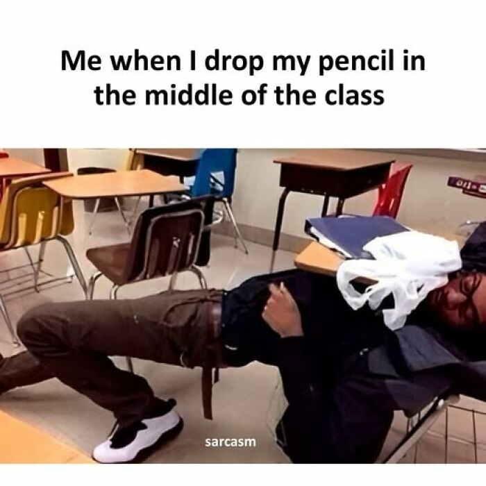 Student dramatically lying on the floor in classroom meme representing hilarious memes from a popular Facebook page.