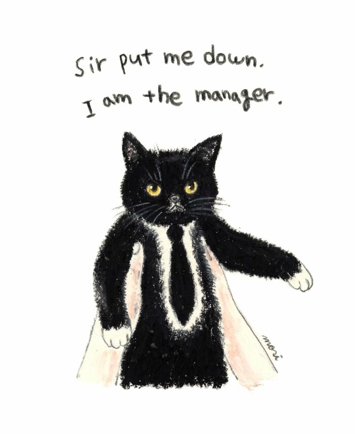 Hand-drawn adorable cat artwork for cat lovers featuring a black cat wearing a tie in a humorous pose.