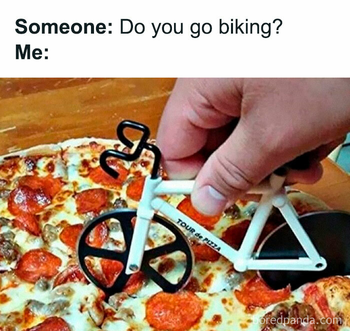 Hand holding a tiny bike-shaped pizza cutter over a pepperoni pizza, featuring hilarious memes and funny posts.