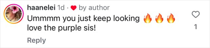 Comment praising 90s icon Tia Carrere for her youthful look and purple gown with fire emojis on social media post.