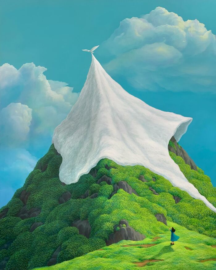 Surreal calming artwork by Mulgil Kim depicting a mountain with flowing white cloth and a person in blue on green grass.