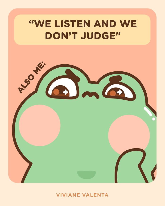 Cute frog illustration with relatable expression from food puns and cute frogs by Viviane Valenta artwork.