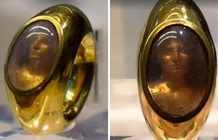 Ancient gold ring with a detailed carved portrait inside, featured in archaeology news and architecture discoveries.