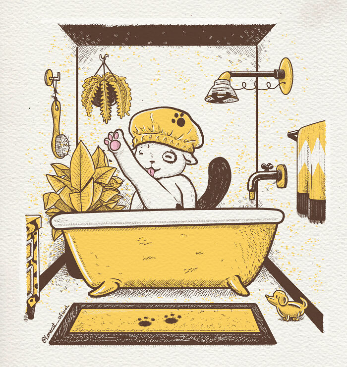 Cat art illustration of a cat wearing a shower cap in a yellow bathtub with bathroom plants and accessories.