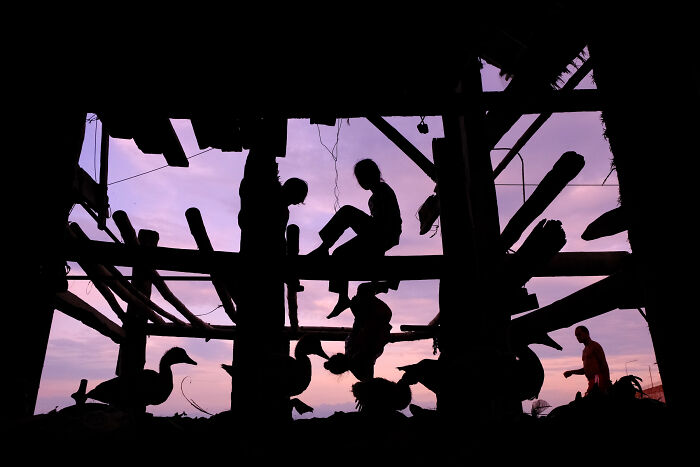 Silhouettes of people and ducks in a street photography moment during a vivid purple sunset scene.