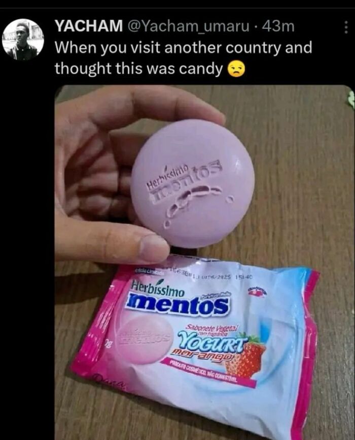 Hand holding a Mentos-shaped yogurt soap bar with packaging, a funny meme about mistaking soap for candy.