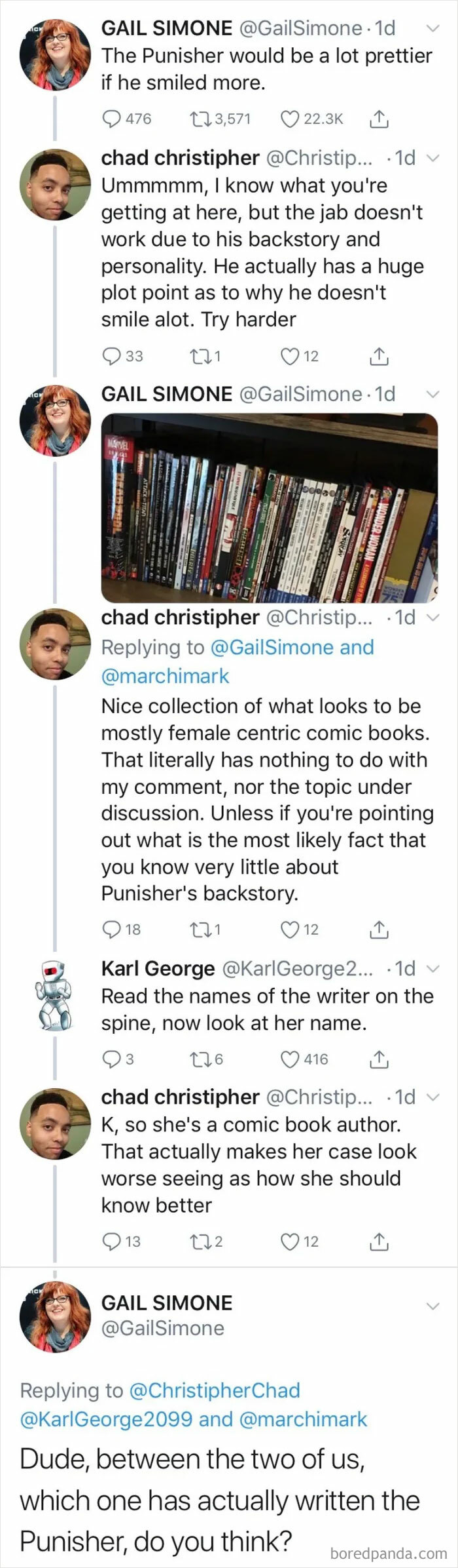 Twitter thread showing a hilarious case where people online didn’t know who they were speaking to about comic book authors.
