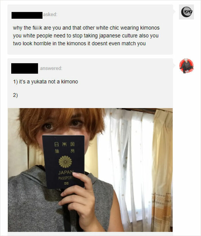 Online interaction where a person corrects cultural misunderstanding, revealing they hold a Japanese passport in a humorous case.