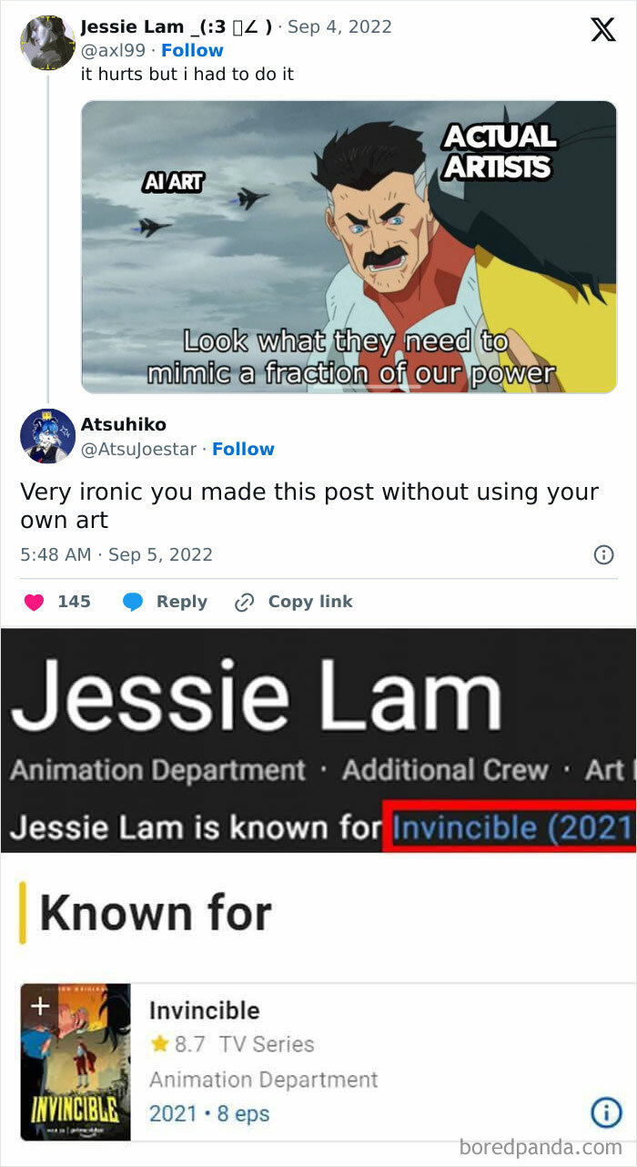 Twitter meme showing a conversation about AI art vs actual artists, highlighting hilarious cases of mistaken identity online.