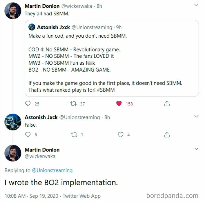 Twitter exchange where one user claims to have written the BO2 implementation, showing hilarious online confusion.