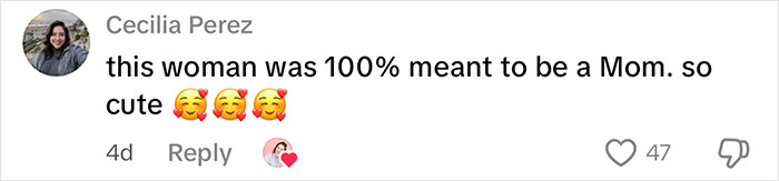 Comment from Cecilia Perez expressing how the woman was meant to be a mom and calling her cute with smiling face emojis.