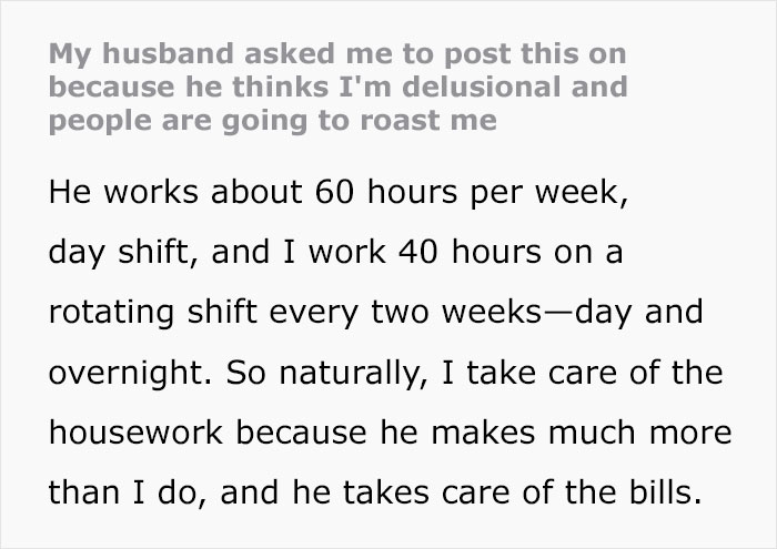 Screenshot of a wife defending her housework and work hours after husband calls her delusional for not helping his mom. Screenshot of a wife defending her housework and work hours after husband calls her delusional for not helping his mom.
