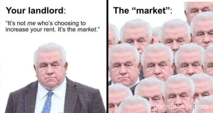 Older man in suit representing bad landlords blaming the market for rent increases in a meme about renting frustrations.