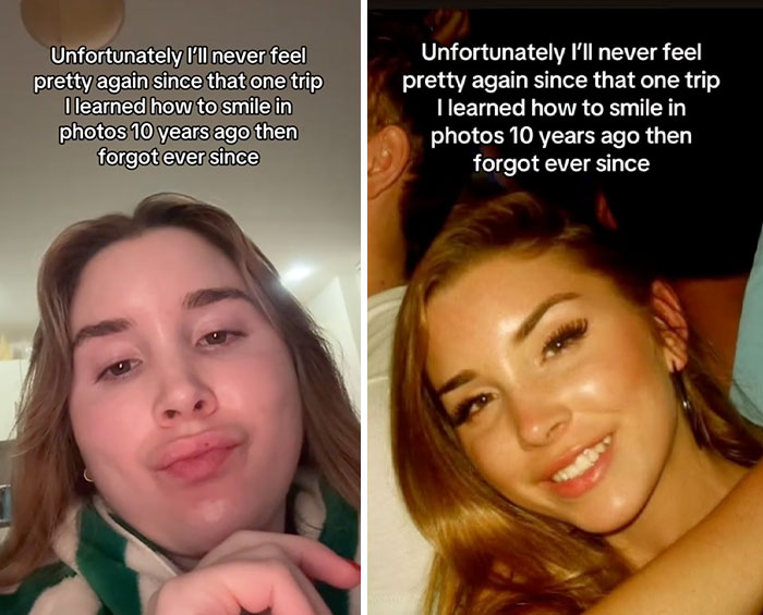 Side-by-side images showing a woman before and after, illustrating the people share glow downs trend about changing looks.