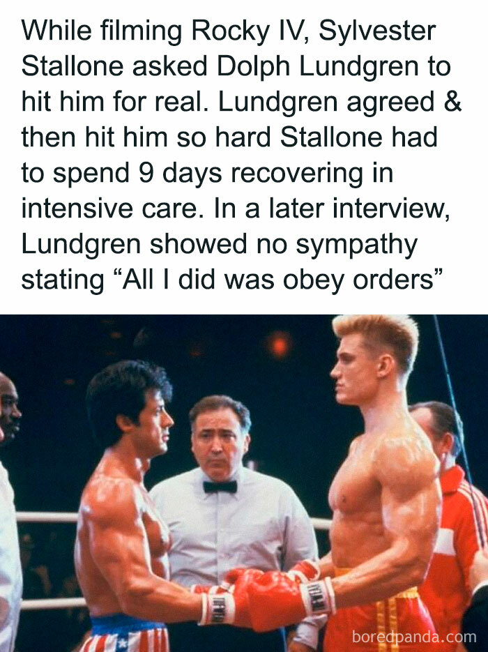 Scene from Rocky IV showing Sylvester Stallone and Dolph Lundgren in boxing gear, highlighting disturbing and unsettling events in film history.