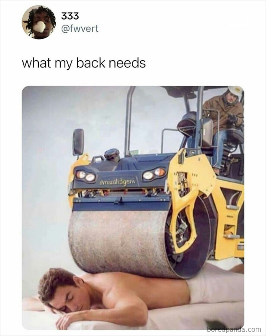 Man lying down getting a roller machine on his back as a funny meme about inconvenience and meltdown stress relief.