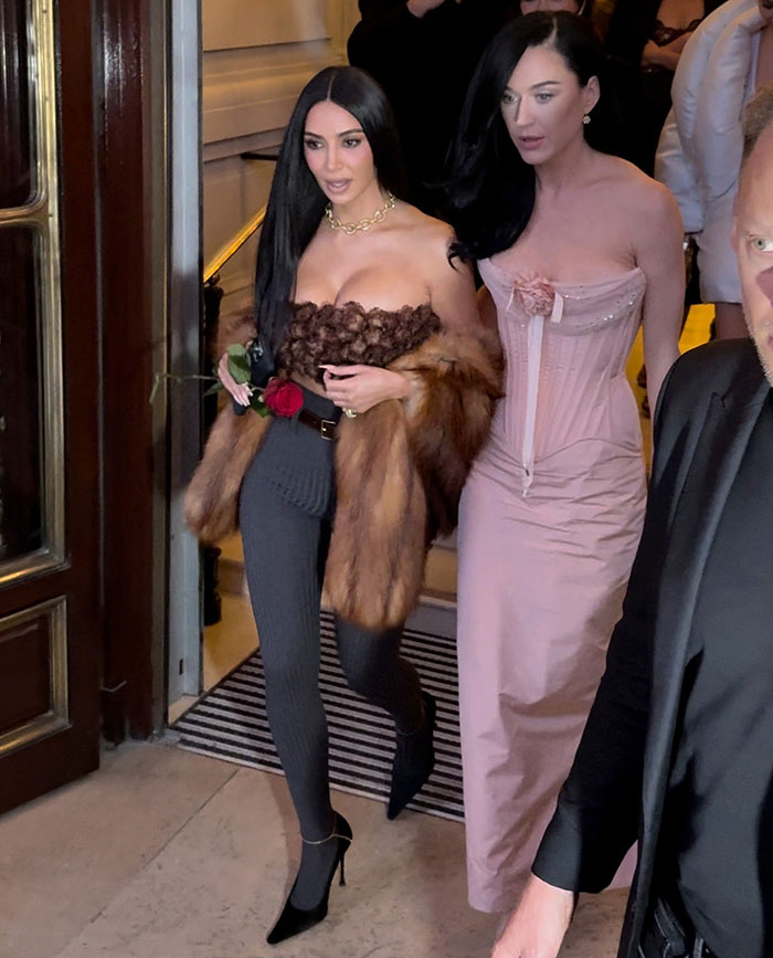 Katy Perry attending Lauren S&aacute;nchez bachelorette party with Kim Kardashian, dressed in stylish evening outfits.