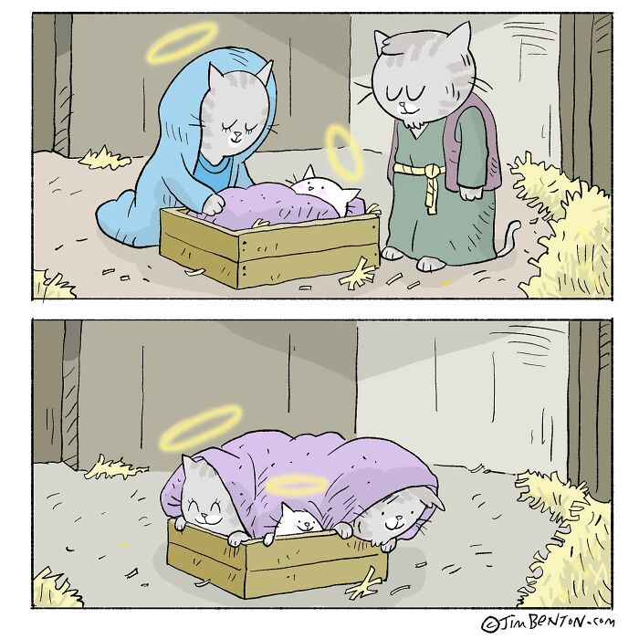 Comic by Jim Benton featuring clever cats with halos in a humorous scene packed with unexpected twists.
