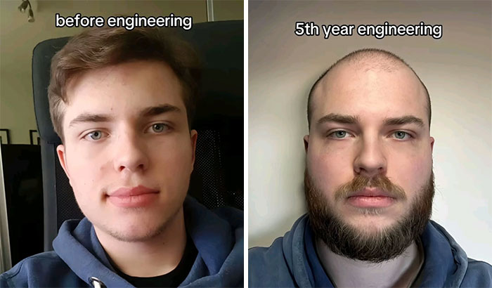 Before and after photos of an engineering student showing the physical changes and struggles during the engineering journey.