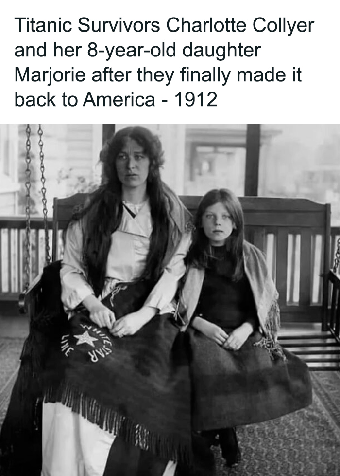 Titanic survivors Charlotte Collyer and her daughter wrapped in a blanket, captured in a monumental life moment frozen in time.