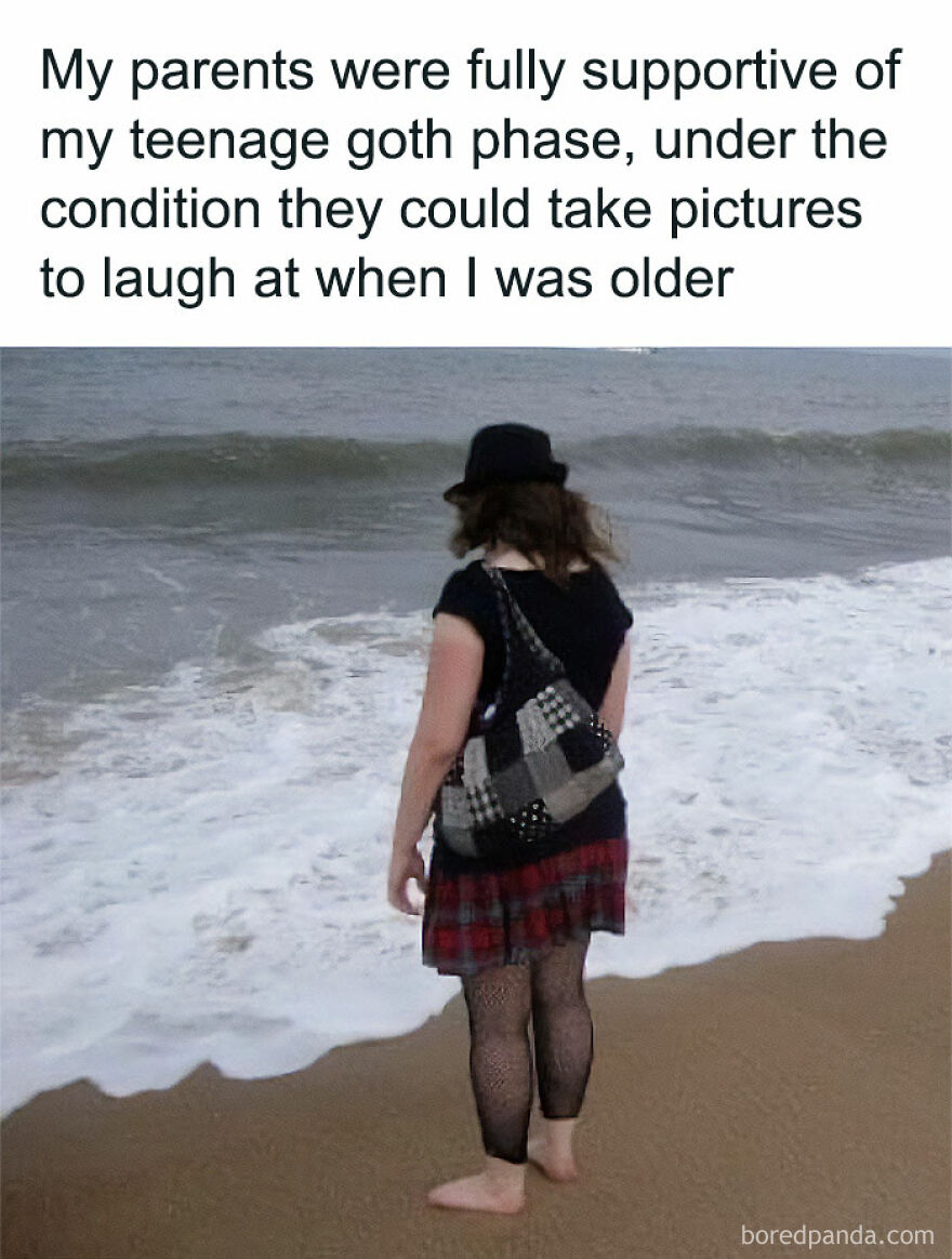 Teenage goth phase meme showing a person standing barefoot on a beach, a funny inconvenience meltdown moment.