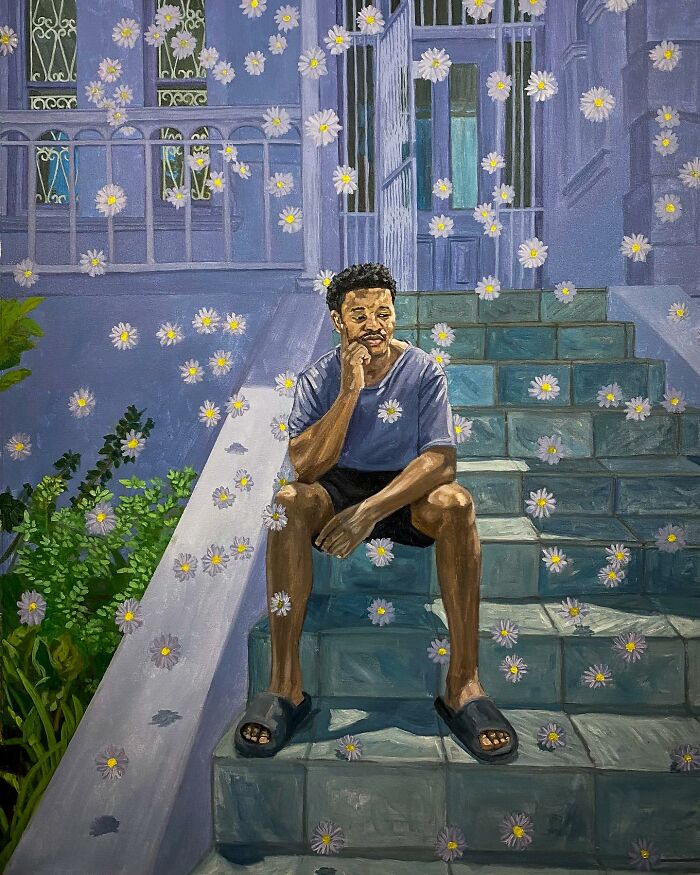 Man sitting on outdoor stairs surrounded by floating daisies, vibrant colors emphasizing space and identity in the painting.