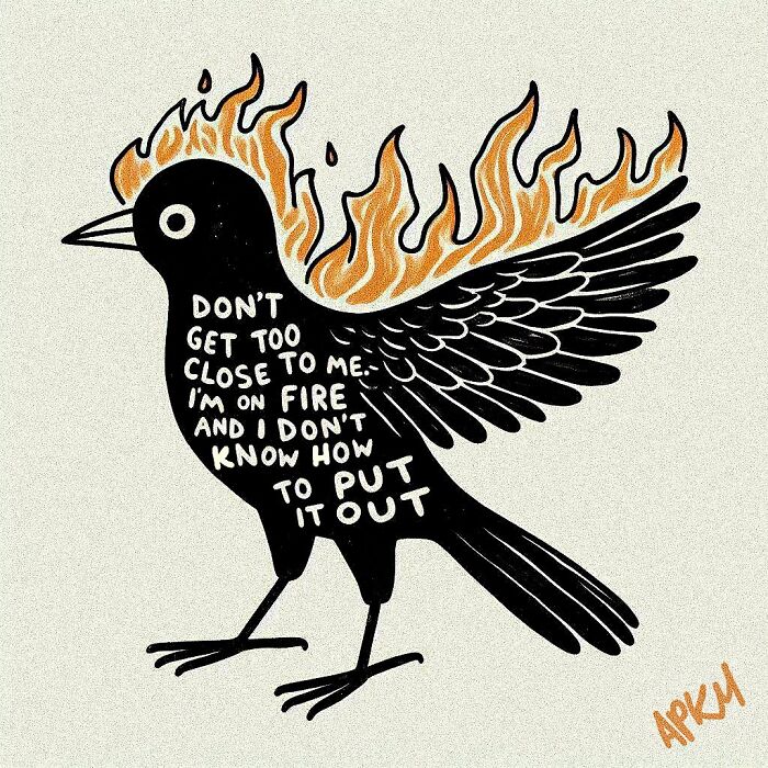 Black bird with flaming wings and vulnerable handwritten text inside, representing art therapy and emotional expression.