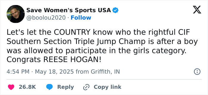 Tweet from Save Women's Sports USA highlighting controversy as high school girl defies loss to trans athlete in sports competition.