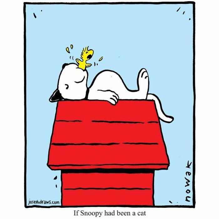 Comic panel showing a peculiar humorous artist’s absurd drawing of a cat lying on a red doghouse with a yellow bird.
