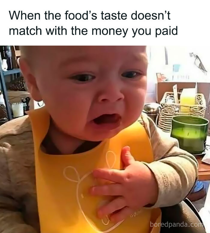 Baby with a funny, exaggerated disgusted expression illustrating sarcastic memes about disappointing food taste versus price.
