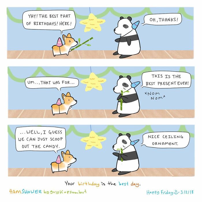 Lighthearted animal comic featuring a panda and corgi sharing a humorous birthday moment to help one person smile.