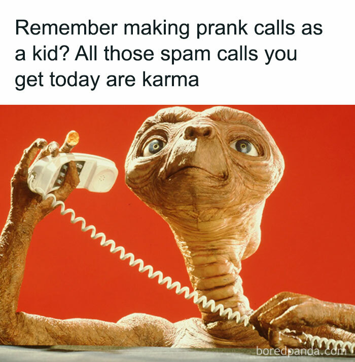 E.T. holding a retro phone with a caption about prank calls, celebrating the good old 80s nostalgia on Instagram.
