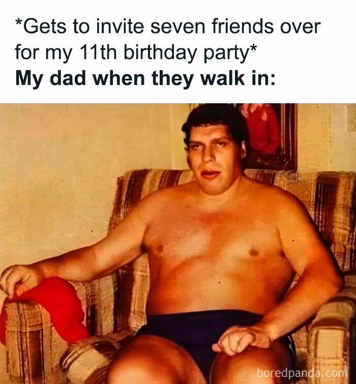 Man sitting shirtless on a couch with a serious expression, nostalgic pic evoking childhood birthday memories.