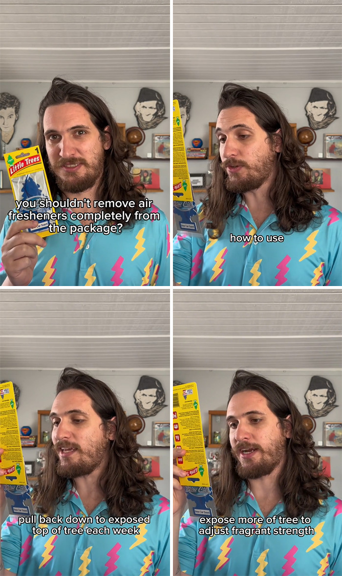 Man with long hair explains how to use air fresheners in a home setting, sharing tips on adjusting fragrant strength.