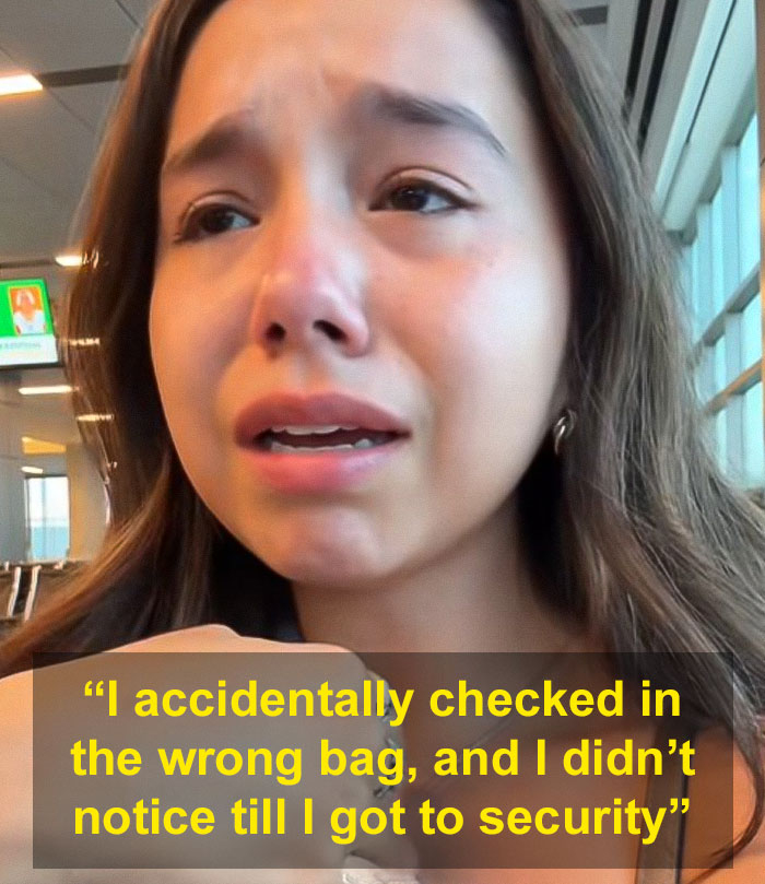 Woman upset and sobbing at airport after TSA agents humiliated her over bag mix-up at security checkpoint.