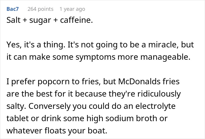Comment discussing how salty French fries and caffeine from Diet Coke may help manage migraine symptoms by providing salt, sugar, and caffeine.