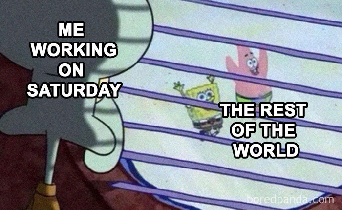 Squidward looking sad through blinds at SpongeBob and Patrick, illustrating relatable hospitality work memes.