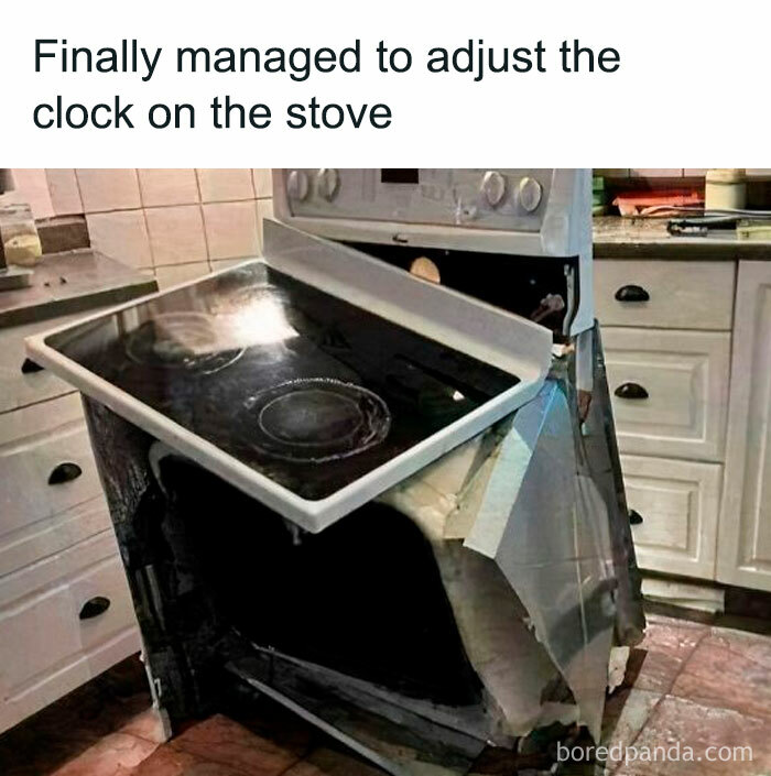 Broken stove with detached top after adjusting clock, illustrating relatable struggles of working in hospitality humor.
