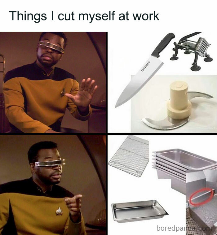 Man in sci-fi uniform reacting to kitchen tools and equipment, illustrating relatable hospitality work meme.