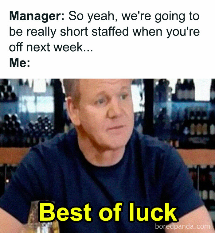 Hospitality worker reacting with sarcasm to being short staffed, illustrating relatable hospitality work meme.