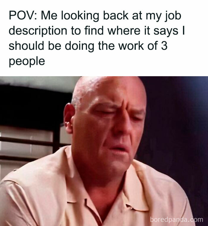 Man looking frustrated reading job description, humorously depicting relatable hospitality work struggles and multitasking pressure.