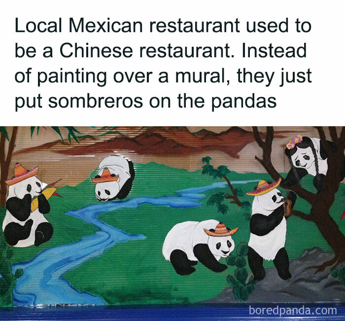 Mural showing pandas wearing sombreros in a local restaurant, humorously illustrating relatable hospitality work memes.