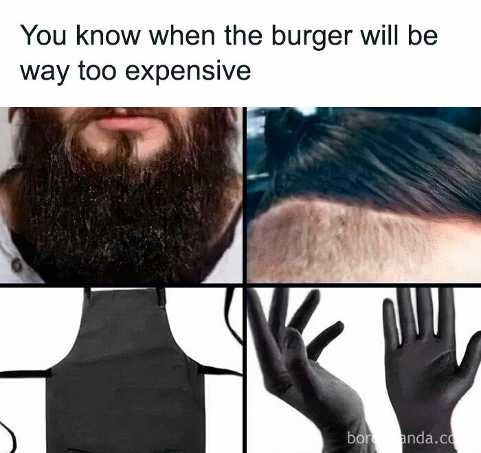 Bearded man, shaved head, black apron, and gloves illustrating relatable hospitality work humor about expensive burgers.