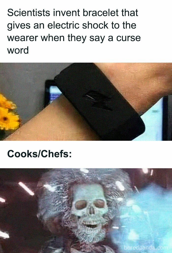 Electric shock bracelet for swearing with a humorous chef skeleton illustrating hospitality work humor.